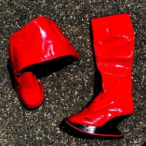 Fluevog red patent leather platform wedge boots.